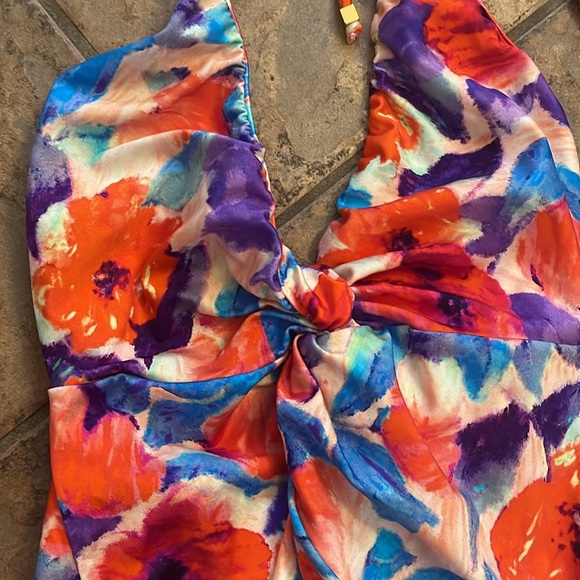 NWT PatBO Violet Plunge One piece Swimsuit Floral Print Halter Red Blue Medium - Picture 5 of 9
